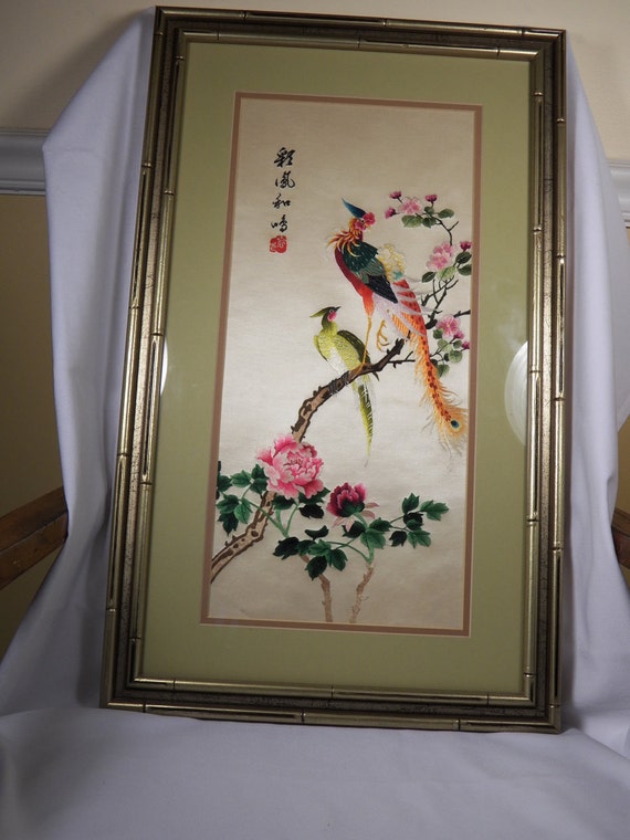 Vintage Framed Chinese Silk Embroidery Hand Made Peacock Peony