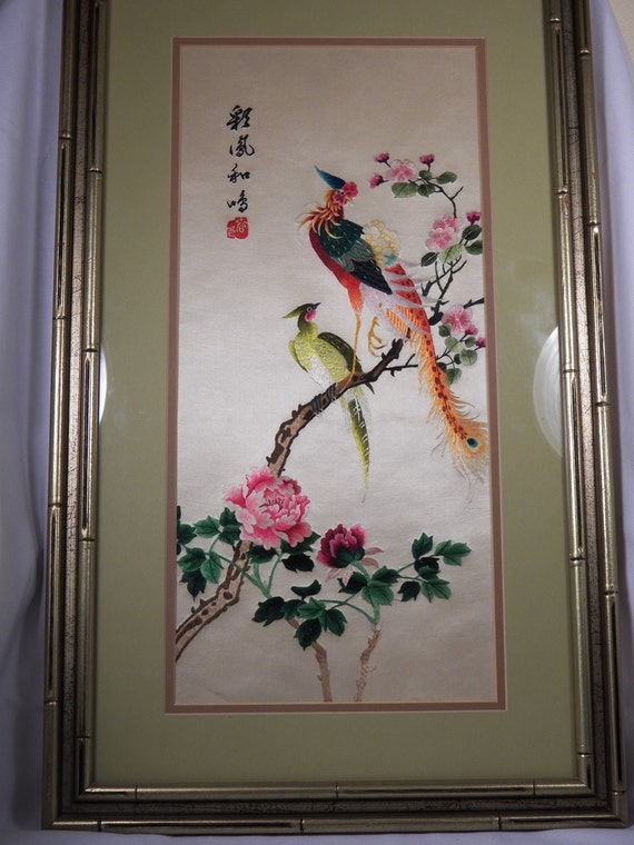 Vintage Framed Chinese Silk Embroidery Hand Made Peacock Peony