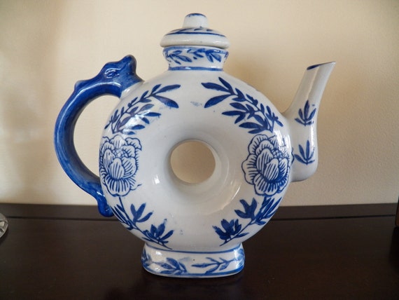 Vintage Donut shaped Chinese Tea pot Blue by 1littletreasureshop