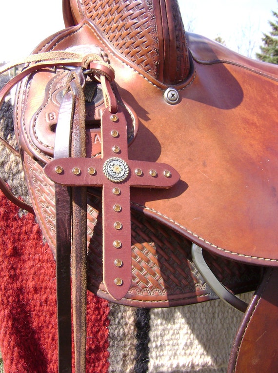 Items similar to Leather Saddle Charm with Flower Concho Handmade on Etsy