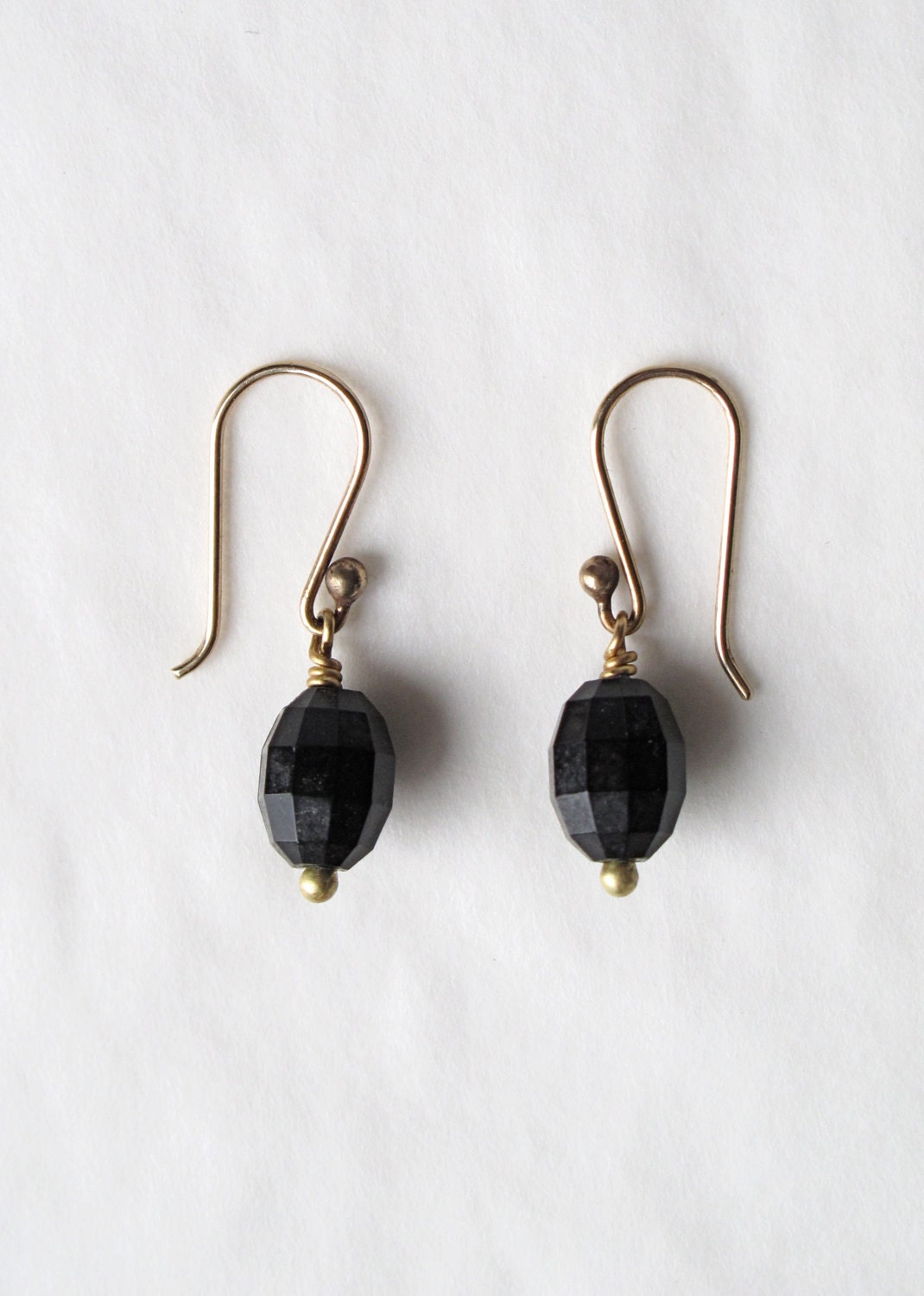 Black faceted vintage bead black drop earring 14k solid gold