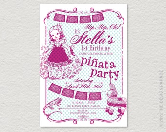 PRINTABLE Pinata, mexican themed Invitation. Cinco de Mayo, Senorita, Iguana.