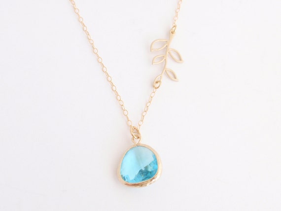 Items similar to Aqua Framed Glass Pendant and Leaf Branch necklace ...