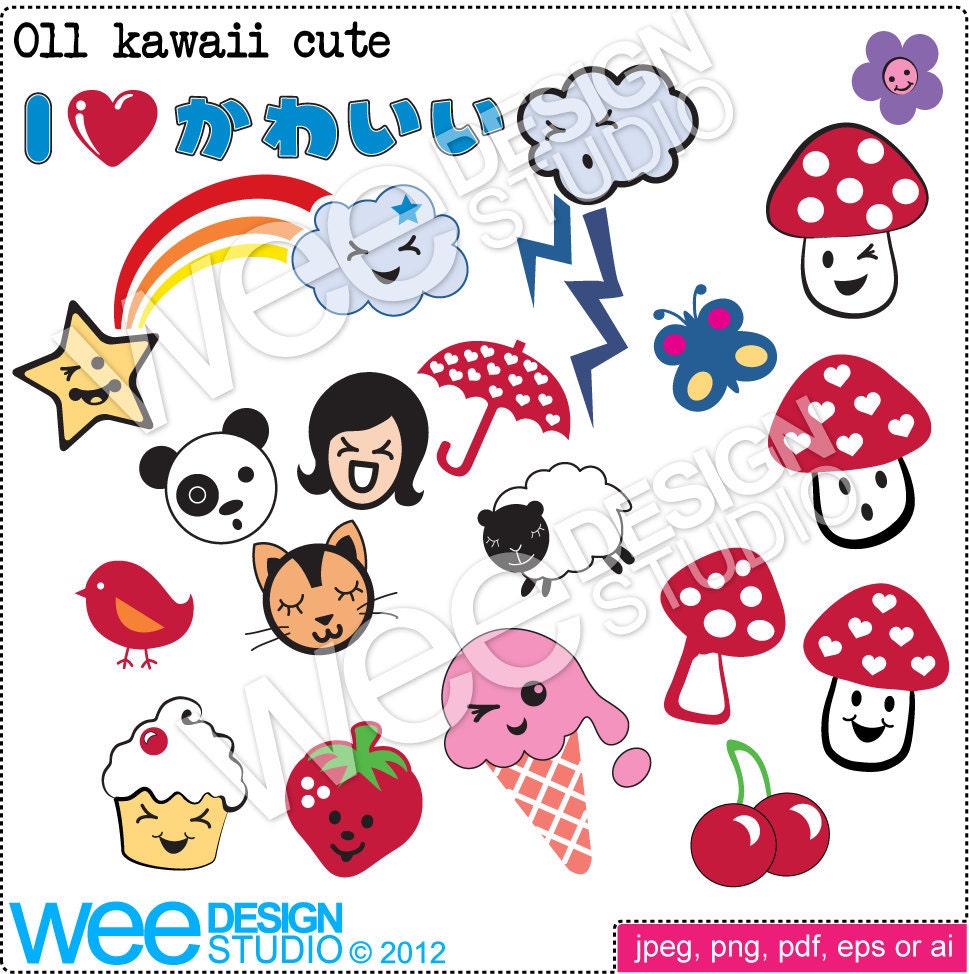 Cute KAWAII digital clipart graphics png jpeg & eps