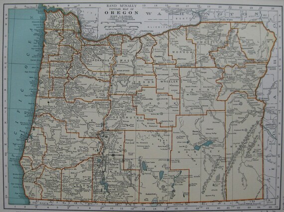 1939 Vintage OREGON State Map ORIGINAL Antique 1930s Atlas Map