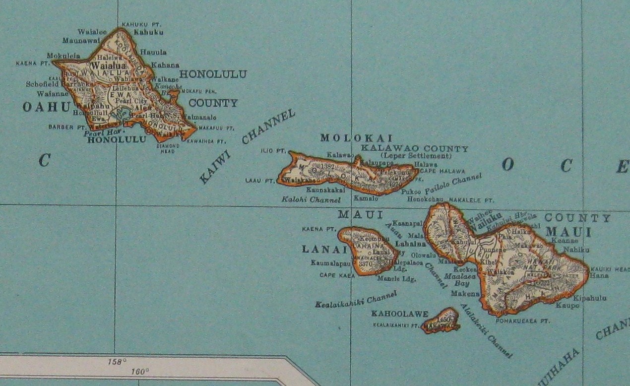 1940 Vintage HAWAII Map NEAT 1940s Antique Map of Hawaii