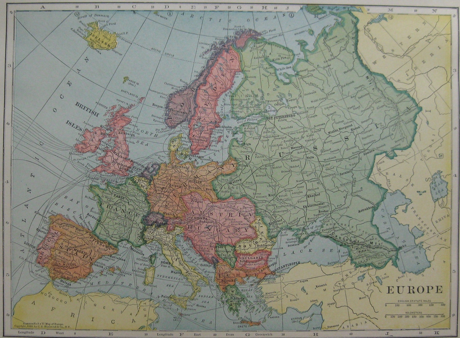 1911 Antique EUROPE  Map  Beautiful Vintage Map  466