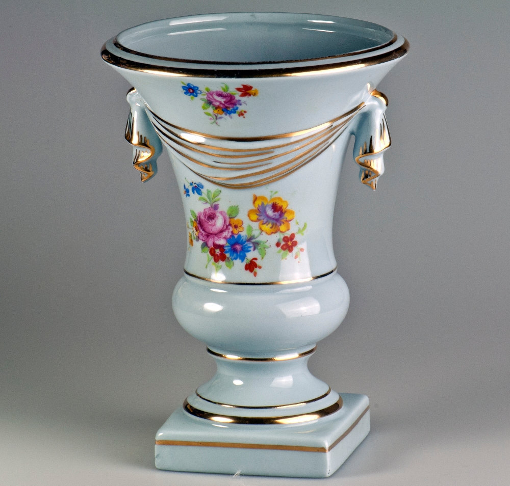 Vintage Soft Blue Vase Gold Trim Floral Decorated Draped