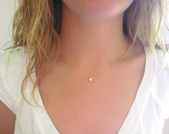 Tiny Star Necklace - Matte 14k Gold Plated Star Charm on Gold Delicate Chain w/ Mint Faceted Bead (also Silver tone available)