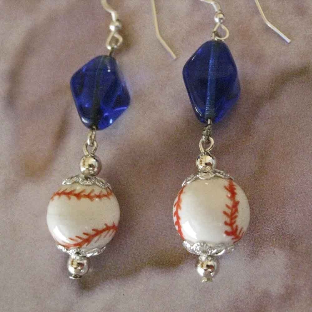 Dangly Blue Baseball Earrings with Sterling Ear Wires FREE USA