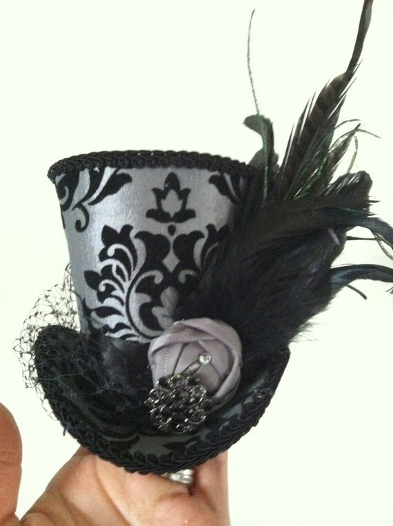 Damask gray and black mini top hat with feathers and french