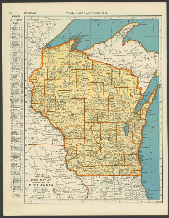 Vintage Map of Wisconsin From 1937 Original