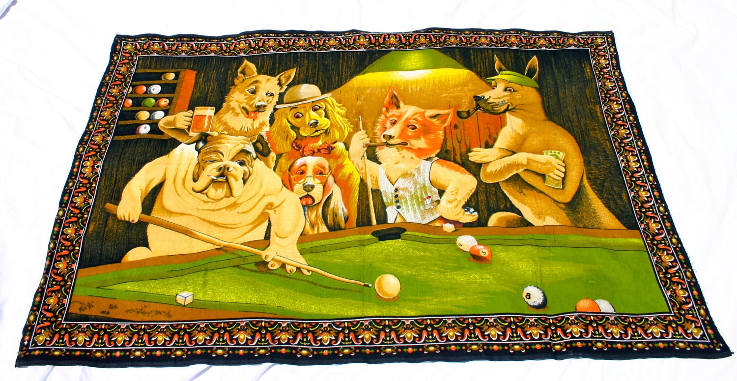 Dogs Playing Pool velveteen wall hanging kitsch tapestry