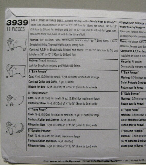 Simplicity 3939 Sewing Pattern Dog Clothes Woofy Wear New and