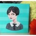 Lillian, an original painting of a vintage woman on a turquoise striped background.