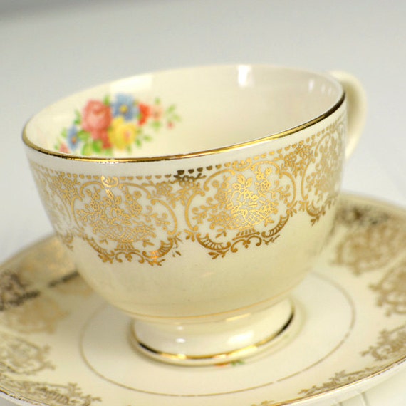 Gold Filigree Flowers Tea Cup & Saucer Set Cream Gold Trim