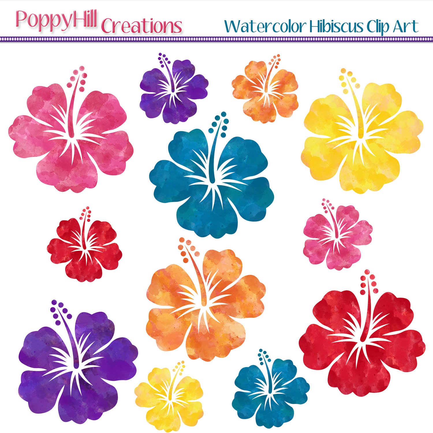 INSTANT DOWNLOAD Watercolor Hibiscus Digital Clip Art Red