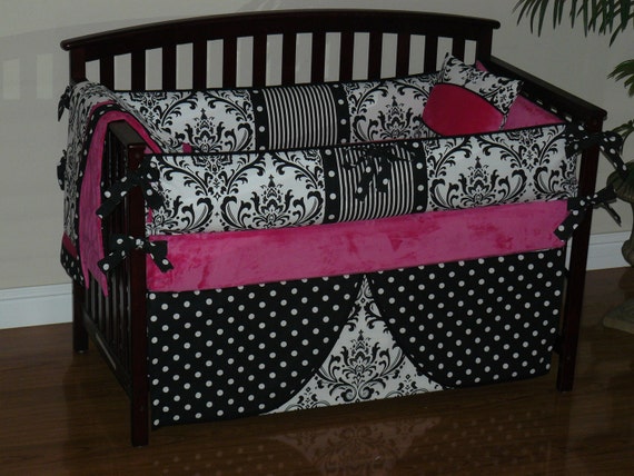 Custom Crib Baby Bedding 3-5pc Set Hot Pink Minky Black