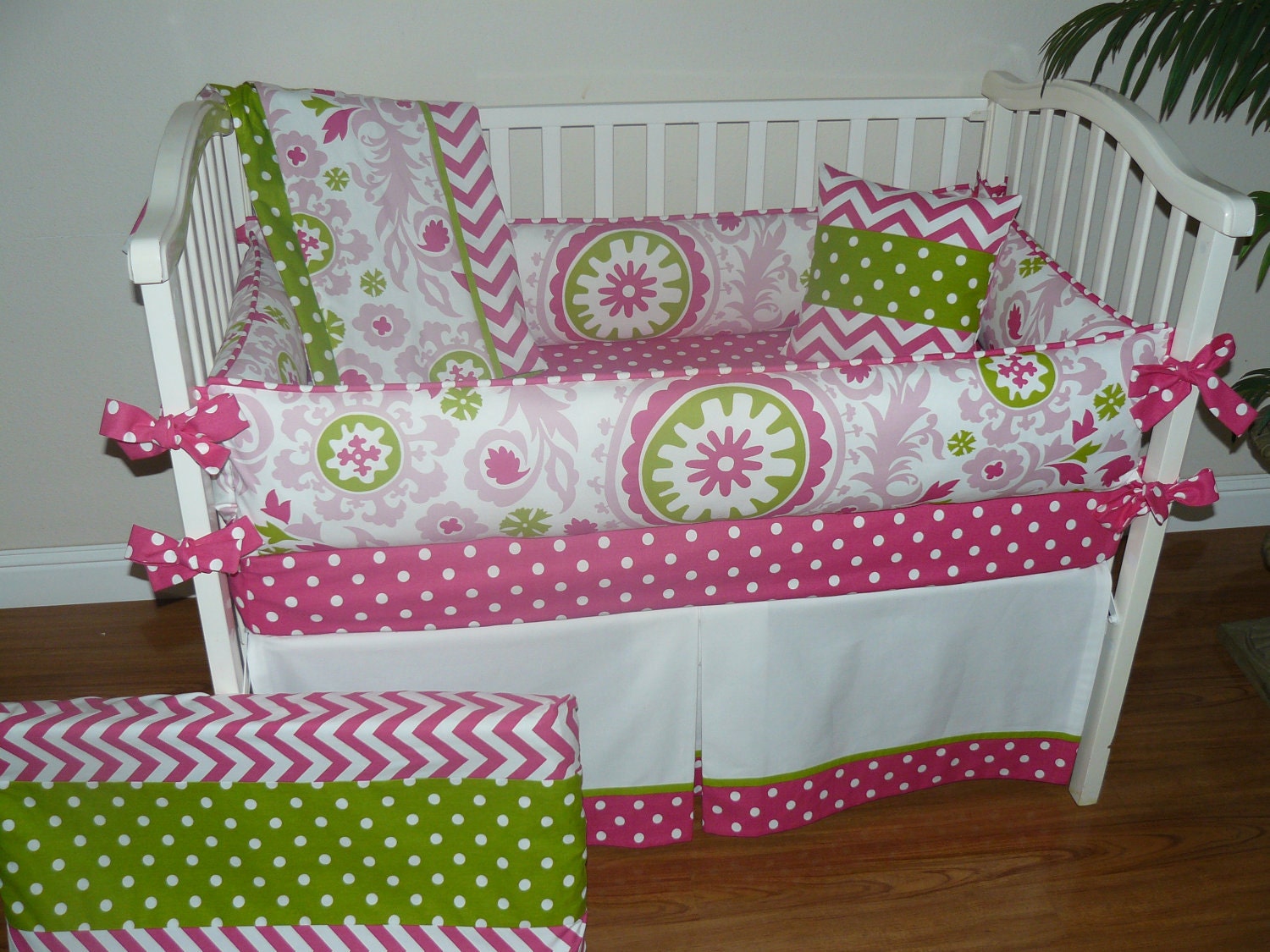 Custom Crib Baby Bedding 5pc Set Hot Pink White & Green