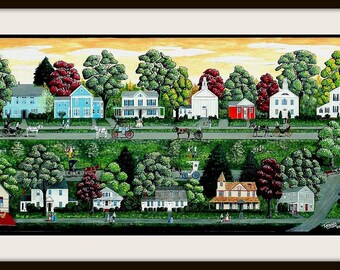 Colorful and Whimsical Folk Art Print the town of Life