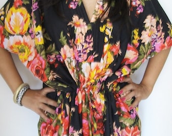 Black Floral Kaftan , Caftan, Perfect long dress, For to be Moms, beach cover up, Sleepwear, Long Kaftan, Long Caftan, Best Gift for Her
