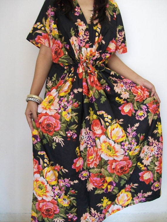 Black Floral Kaftan Caftan Perfect long dress For by JustCottons