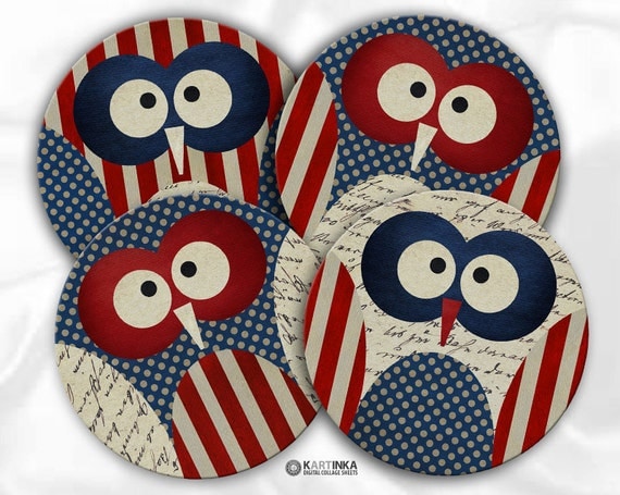 3.8 inch & 4 inch Print it yourself Patriotic Owls