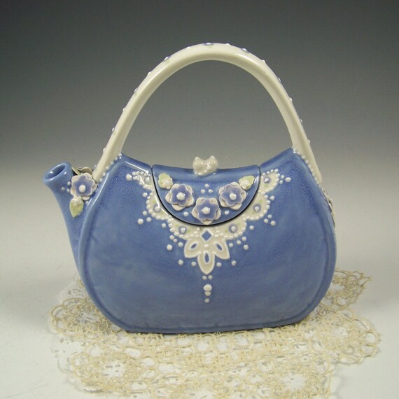 Items similar to Blue Lace Purse Teapot on Etsy