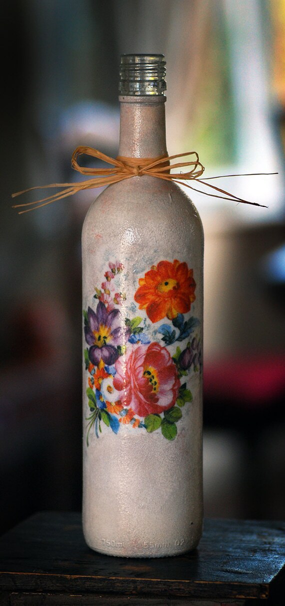Items similar to Recycle / Eco Art Decoupage Wine Bottle Vase on Etsy