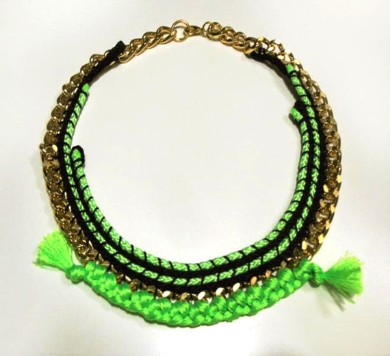 Items similar to Neon cords woven necklace in bright green and black on
