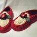Hand crochet house slippers in red and white with flower