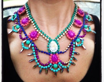 Vintage Neon Hand Painted Rhinestone Statement Necklace LuLu Frost look