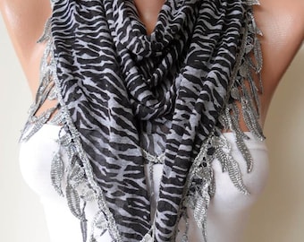 New - Mother's Day Gift - Black and Grey Scarf with Leaves Edge - Leopard Print Fabric