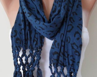 ON SALE - Dark Blue and Black Leopard Scarf