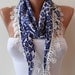 Dark Blue Leopard Shawl / Scarf with Lace Edge - Spring Trend