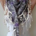 Linen Scarf - Purple and Grey Flowered Scarf - with Grey Trim Edge - Triangular