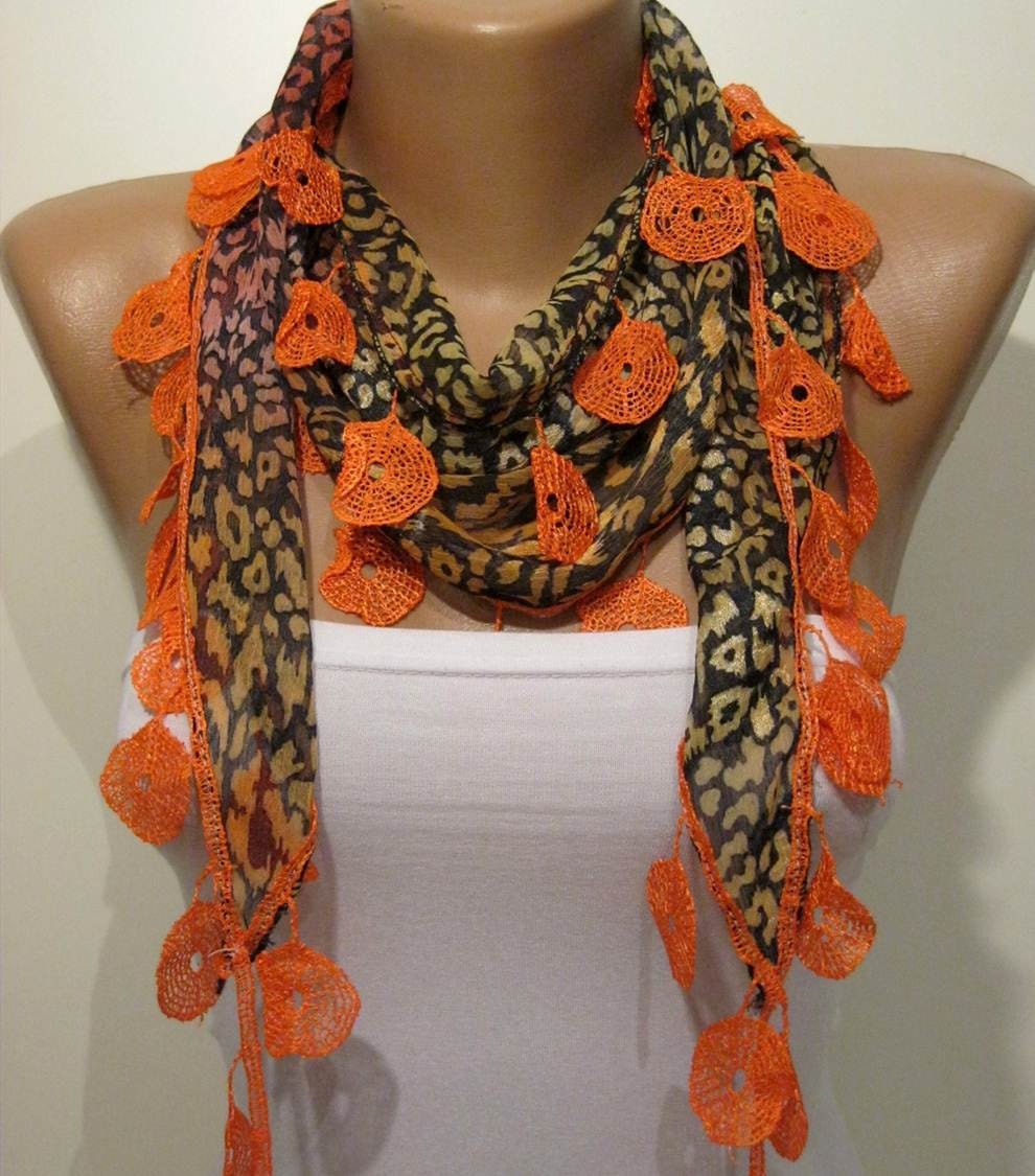 Leopard and Brown Orange Elegance Shawl / Scarf with Lace