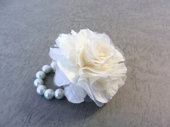 Wrist Corsage Off White Fabric Flower on Ivory Pearl