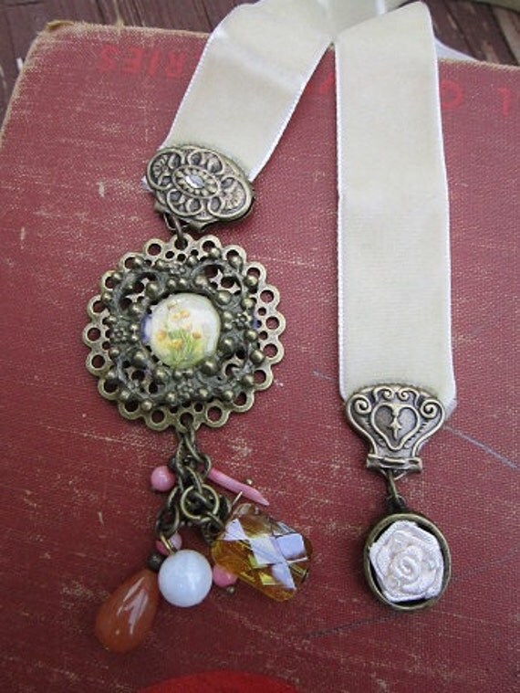 Beautiful Handmade velvet bookmark with vintage looking