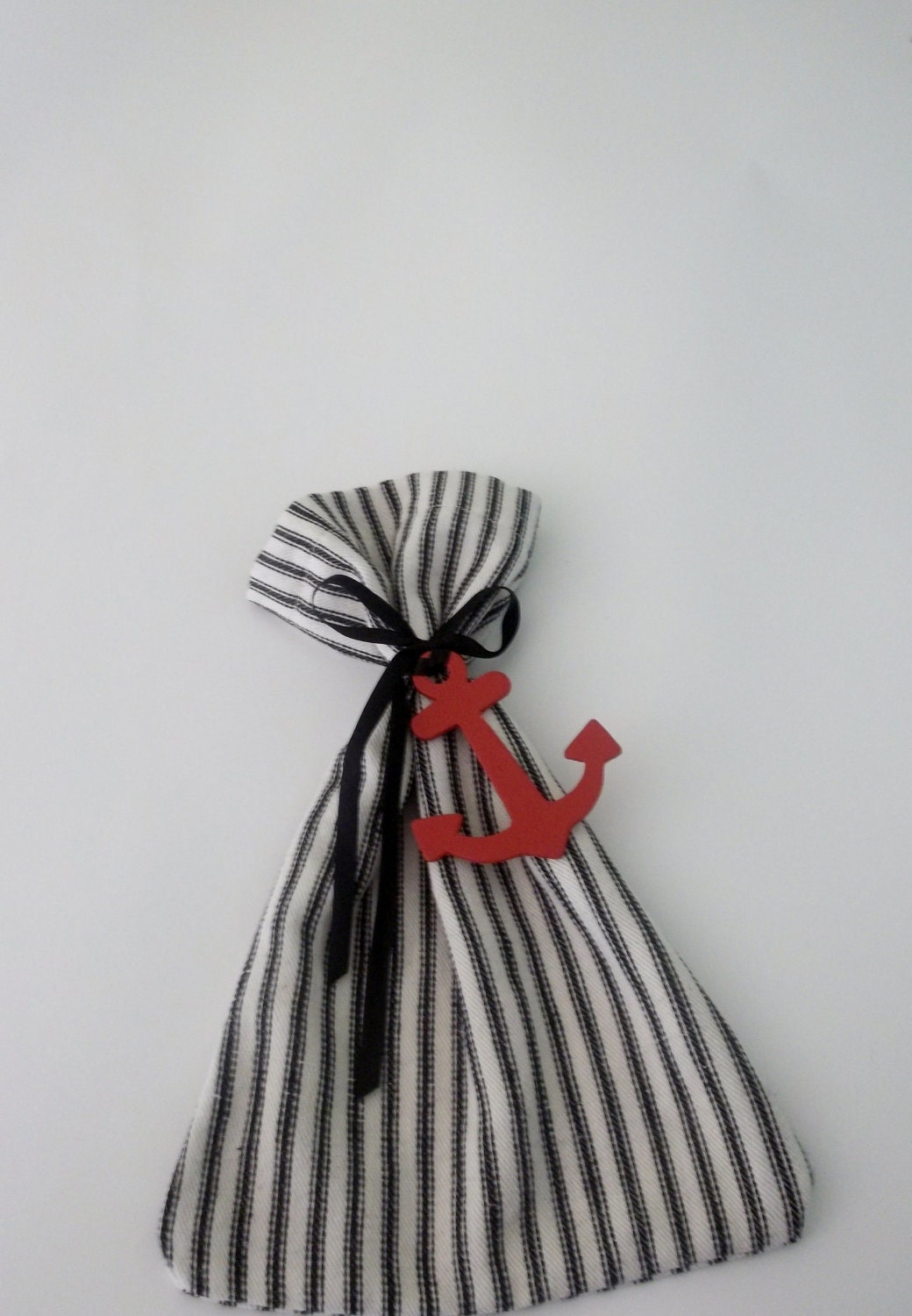Fabric gift bag with red nautical wooden anchor black and