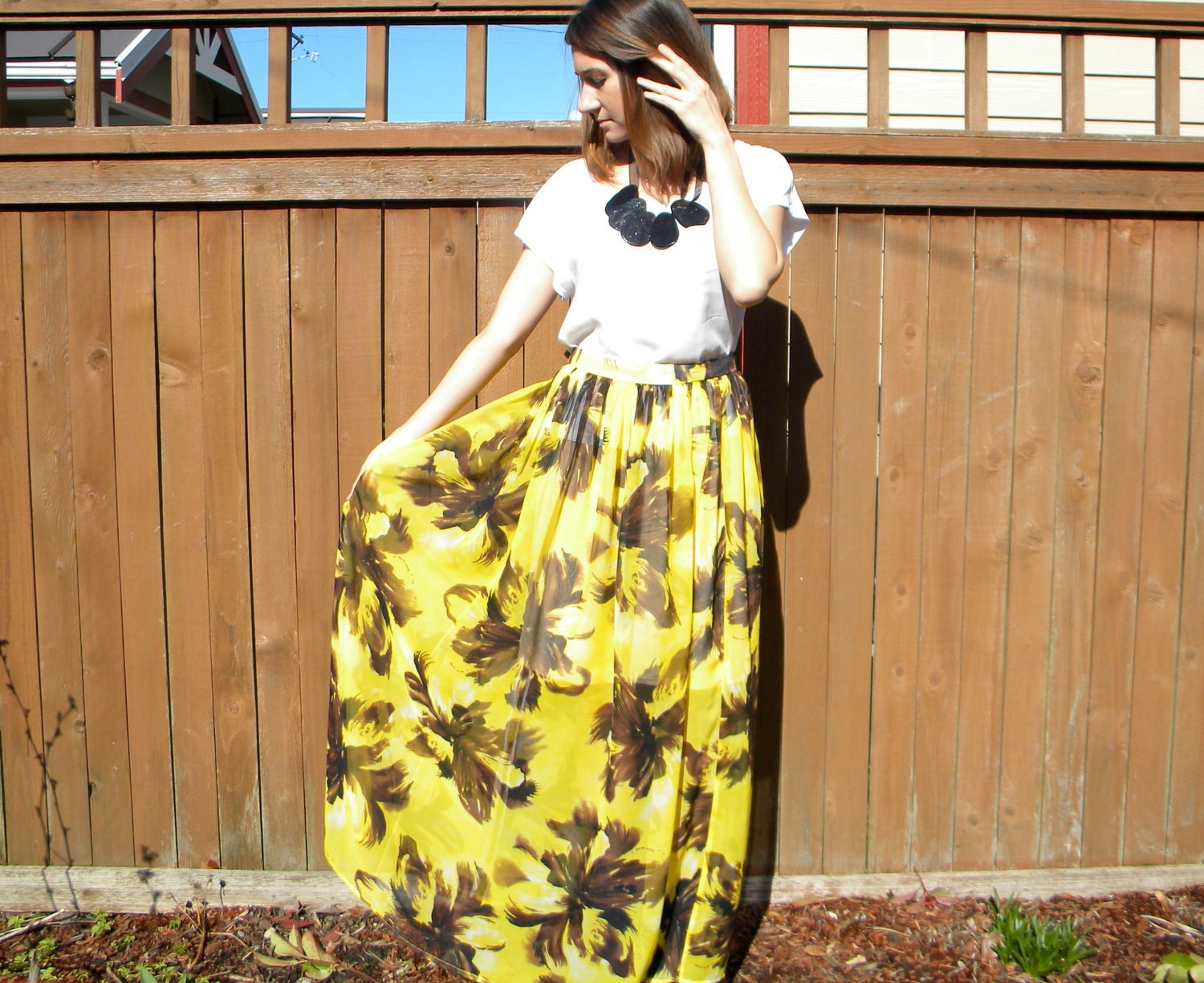 Full Maxi Skirt Bright Yellow Floral Print High Waist Long