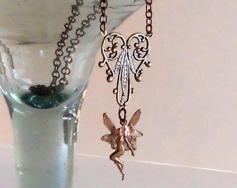 Fairy Pendant Antique Bronze Necklace Fashion Steampunk Victorian Feminine Fantasy Pink Filigree Heart Mauve
