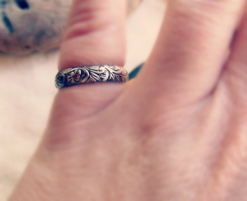 Vine Ring Sterling Silver Floral Band Flowers Stems Leaves