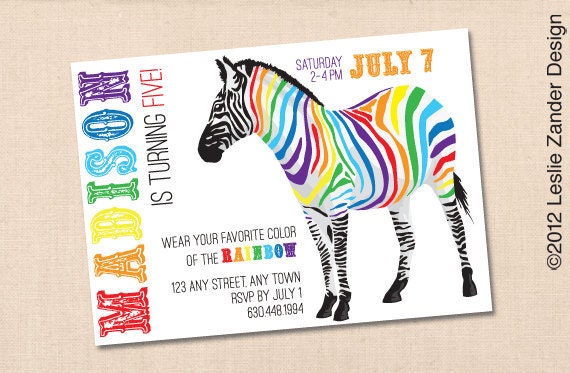 RAINBOW ZEBRA personalized printable party invitation diy