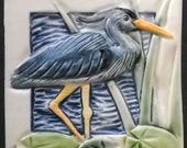Great Blue Heron,Arts and Crafts Mission Style Tile, 4", handmade, porcelain, bathroom, backsplash, display