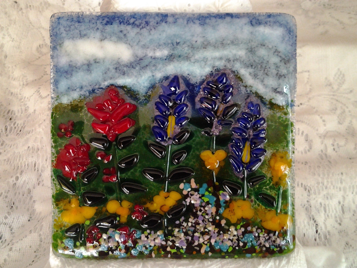 Items similar to Fused Glass Art, Summer Garden Landscape, Frit Art