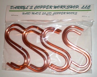 Set of 8 SOLID COPPER "S" Hooks Free Shipping to U S Zip codes - Wholesale lots available (50 hooks or more) - contact me for pricing