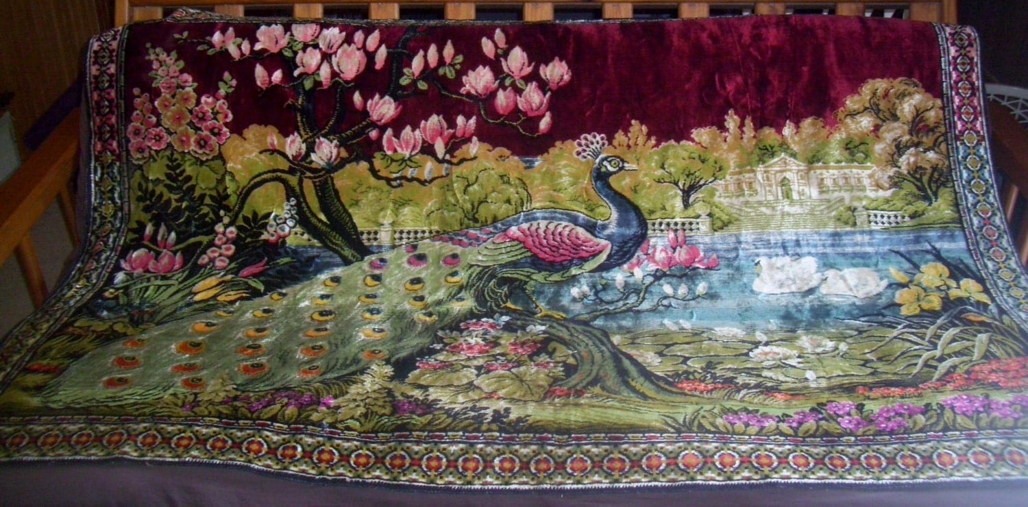 Vintage Large 72x49 1/2 Peacock Tapestry Wall