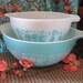 Pair of Nesting Pyrex Turquoise and White, Butterprint, Cinderella, Mixing Bowls