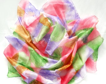 Square Silk Scarf. Hand Painted Scarf. Pink, Green, Purple Silk Shawl. Unique Gift. Art on Silk. Head Scarf. 35x35in (90x90cm) Ready to Ship